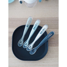 Load image into Gallery viewer, Beaba 1st Stage Silicone Spoons 4 Pack - Eucalyptus/Airy Green/Light Mist/Dark Blue
