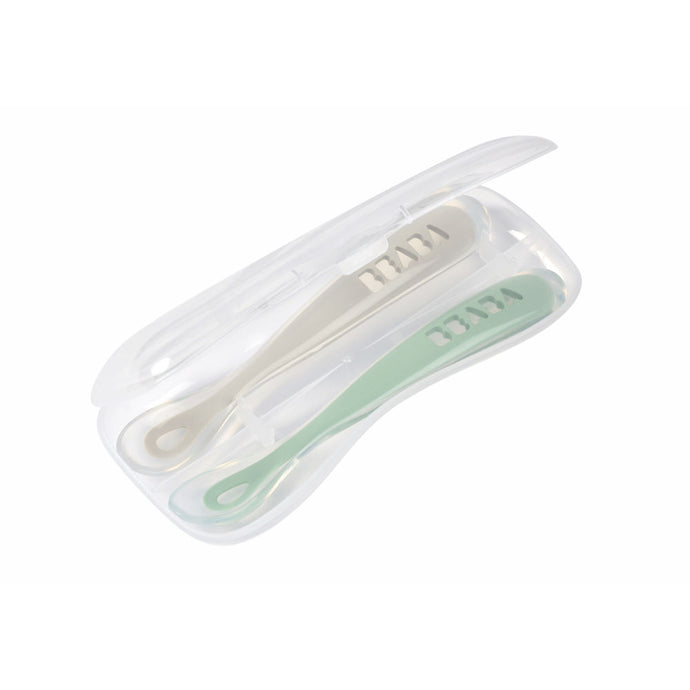 Beaba 1st Stage Silicone Spoons & Case 2 Pack - Velvet Grey/Sage Green