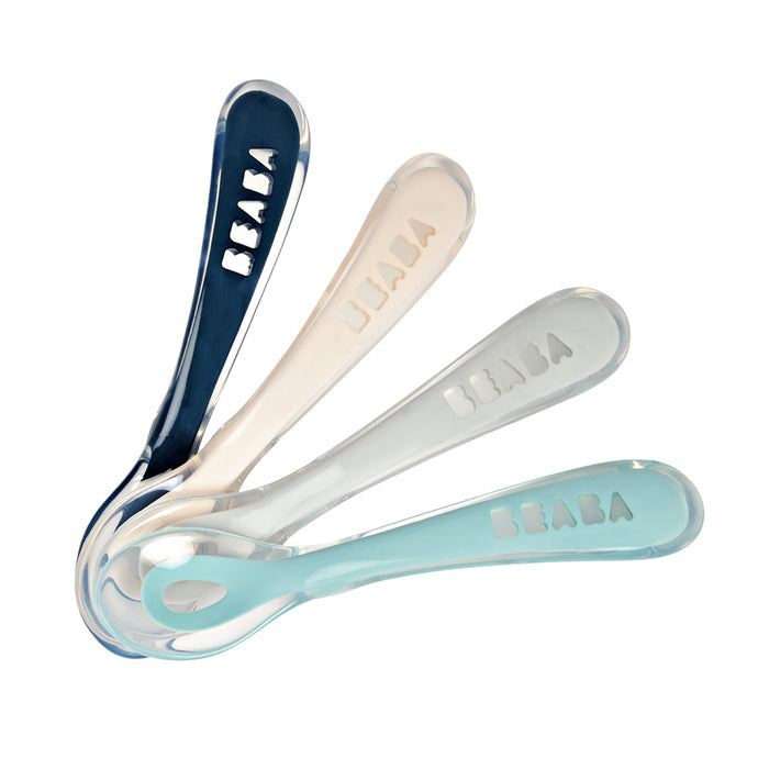 Beaba Set of 4 2nd age soft silicone spoons (assorted colors DARK BLUE/PINK/GREY/LIHGT BLUE)